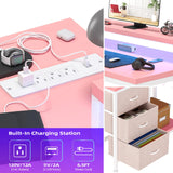 Patikuin L Shaped Desk with Power Outlets & LED Lights, Computer Desk with Drawers & Shelves, Corner Desk Gaming Desk Home Office Desk,Pink Patikuin