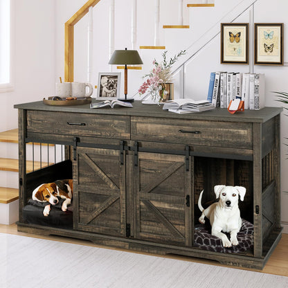 Extra Large Dog Crate with Divider, Double Dog Crate for 2 Large Dogs, 71" Wood Dog Kennel Indoor Cages for Dogs, XL Dog Kennel Furniture with 2 Drawers, TV Stand Dog Crate for Large Medium S - WoodArtSupply