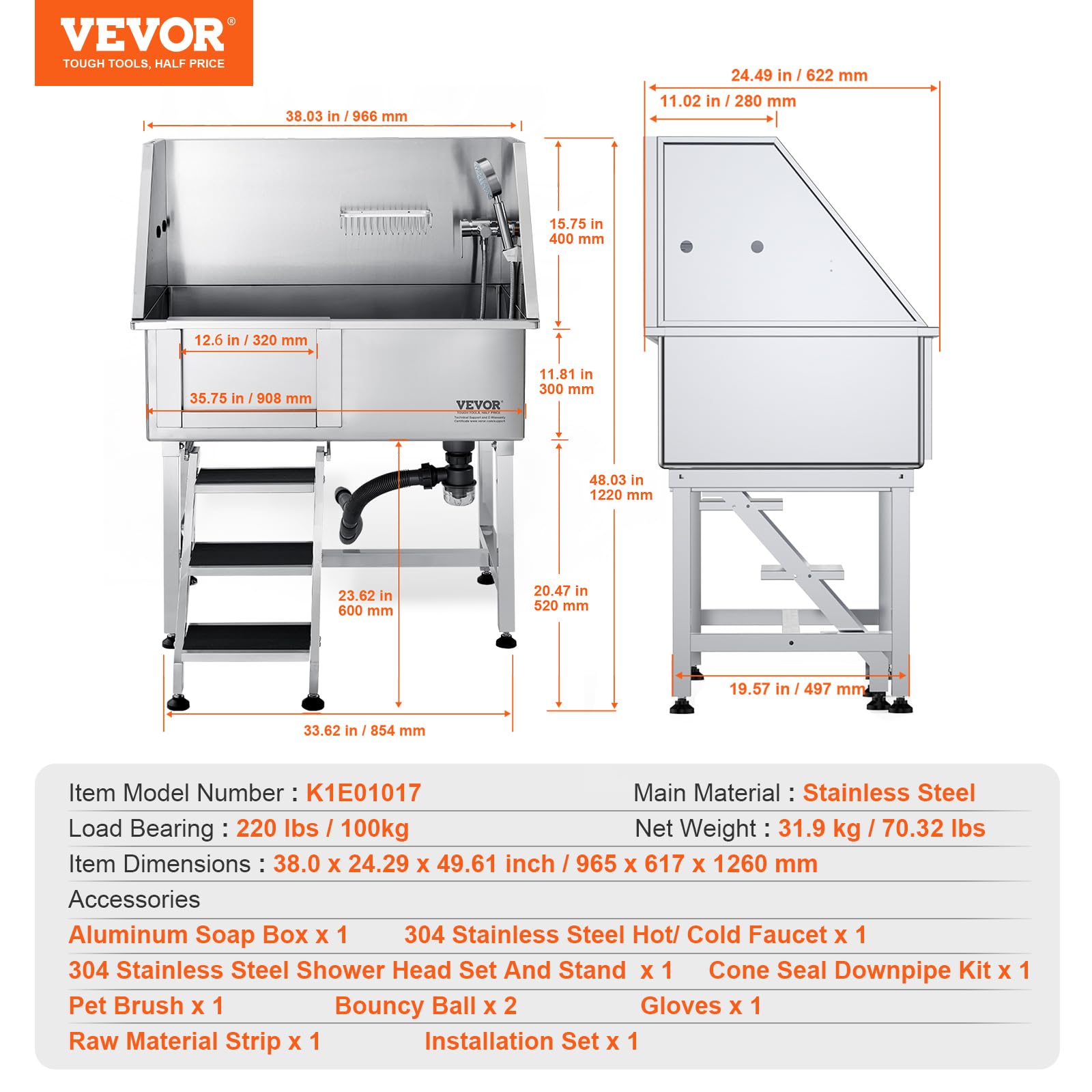 VEVOR 38" Pet Dog Bathing Station w/Ramp, Professional Stainless Steel Dog Grooming Tub w/Storage Drawer, Floor Grate, Faucet, Dog Bathtub for Large,Medium,Small Pets, Washing Sink for Home(L - WoodArtSupply