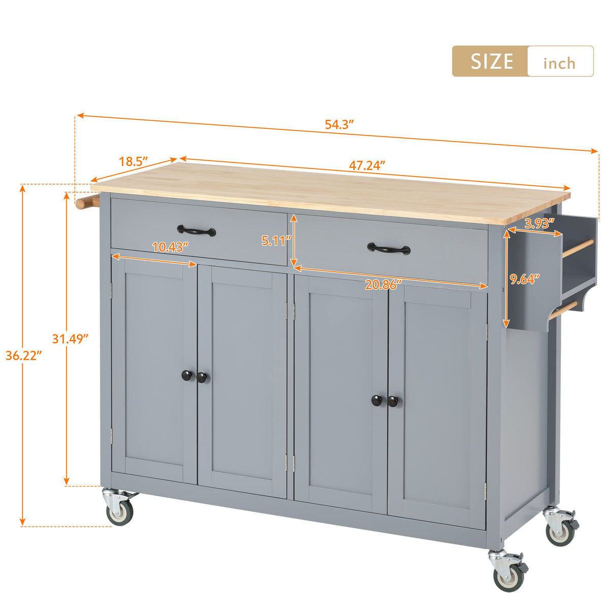 Merax Rolling Mobile Kitchen Island Cart with Wood Top and Locking Wheels, 4 Door Cabinets and 2 Drawers, Spice & Towel Rack, 54.3 Inch Width, Grey Blue Merax