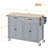 Merax Rolling Mobile Kitchen Island Cart with Wood Top and Locking Wheels, 4 Door Cabinets and 2 Drawers, Spice & Towel Rack, 54.3 Inch Width, Grey Blue Merax