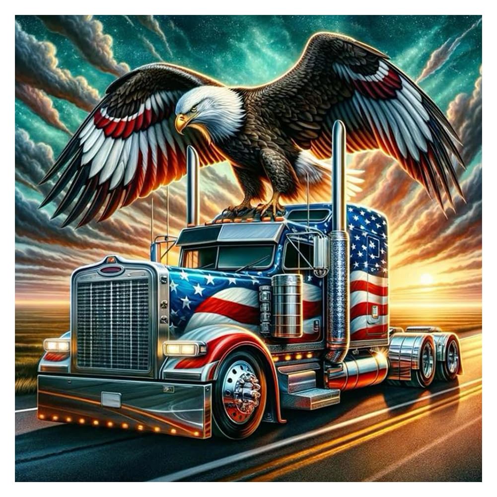 PFFNGPEN Truck Diamond Painting Kits for Adults, 5D DIY American Flag Diamond Art Kits for Beginners, Full Drill Round Diamond Art for Home Wall Decor, Eagle, 12x12 inch PFFNGPEN