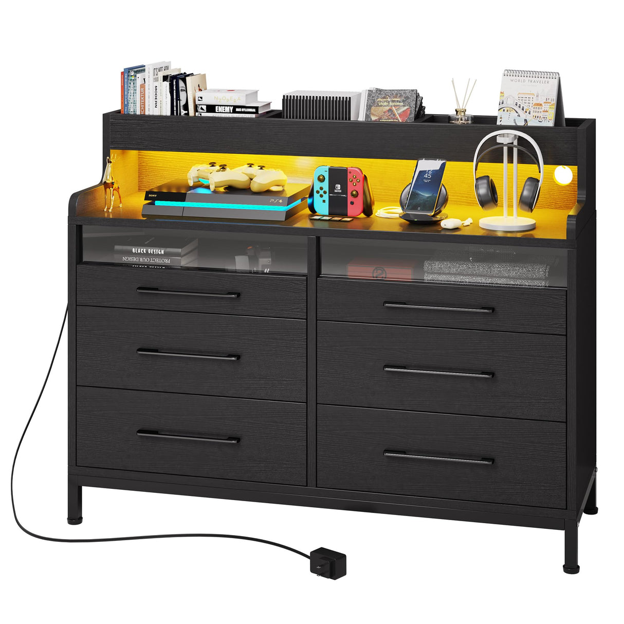 DWVO 6 Drawer Dressers with LED Light, Dresser & Chests of Drawers with Charging Station, Modern Dresser with Open Shelf Storage for Room, Entryway, Hallway, Black DWVO