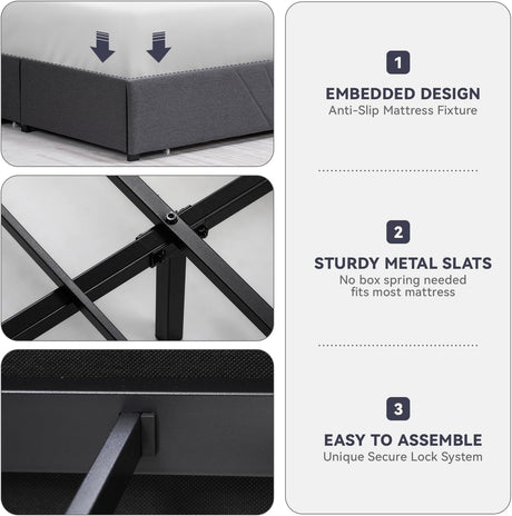 COMHOMA King Size Metal Bed Frame with Upholstered Headboard,Storage Drawers,USB & Type-C Charging Ports,No Box Spring Needed,Dark Grey COMHOMA