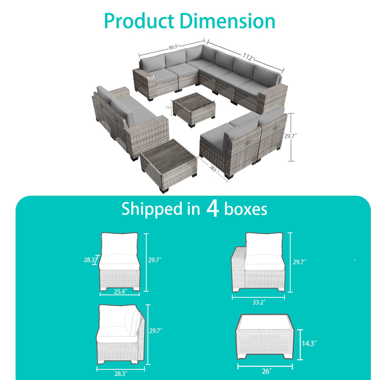 Muphyers 12-Piece Outdoor Patio Furniture Set Wicker Sectional Sofa Set, Patio Conversation Set with Thickened Cushions & Side Table for Patio, Garden, Backyard, Grey Muphyers