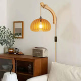 Wood Lantern Plug in Wall Sconces, Wicker Brackets Wall Lamp with Plug in Cord Hand Woven Rattan Bedside Reading Light, Wooden Globe Pumpkin Shade Hemp Rope Hanging Lamp for Living Room Bedroom ArcoMead