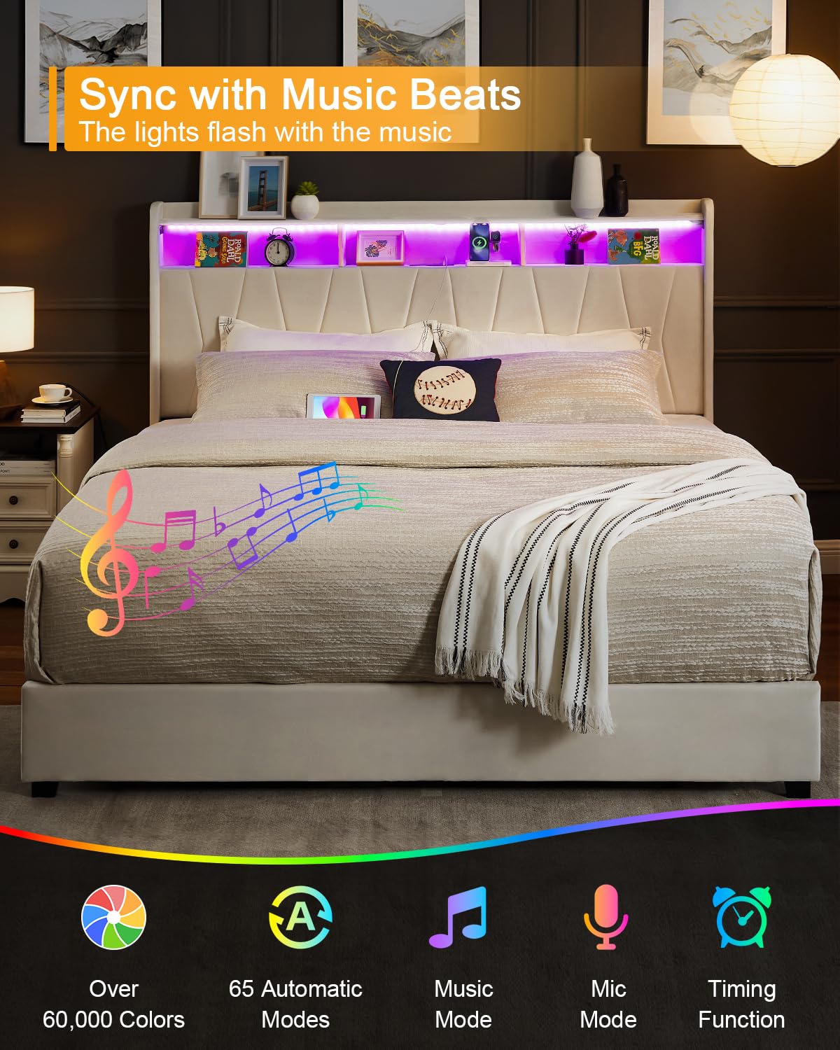 LegacyAmerhome Queen Bed Frame, Velvet Upholstered LED Platform Bed with Headboard Storage, Queen Bed Built-in Charging Station with 4 Drawers, Wood Slat Support, No Box Spring Needed, Beige LegacyAmerhome