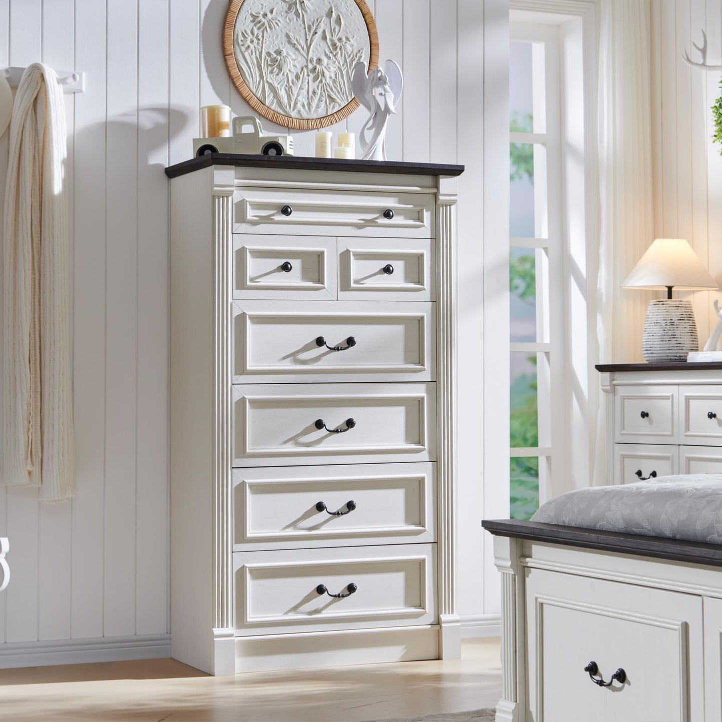 Aitjunz Farmhouse 7 Drawers Dresser for Bedroom, 57" Tall Chest of Drawers with Roman Column, Large Wood Rustic Closet Dresser with Three Different Drawer Sizes for Bedroom, Living Room, Hallway,White