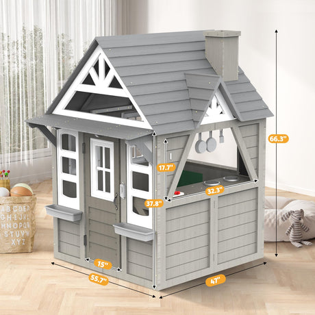 Segmart Kids Playhouse, Indoor and Outdoor Playset, Cedar Modern Gray Wooden Play House for Kids Ages 4-8, Kitchen with Spatulas, Induction Cooker, Flower Pot Rack, Functional Doorbell and Sink SEGMART