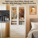 71" Tall Farmhouse 2 Doors Armoire Wardrobe Closet with 2 Drawers and LED, Wooden Armoire Storage Cabinet, Freestanding Closet Wardrobe Cabinet for Bedroom with Hanging Rod, Adjustable shelve(White) SDMY