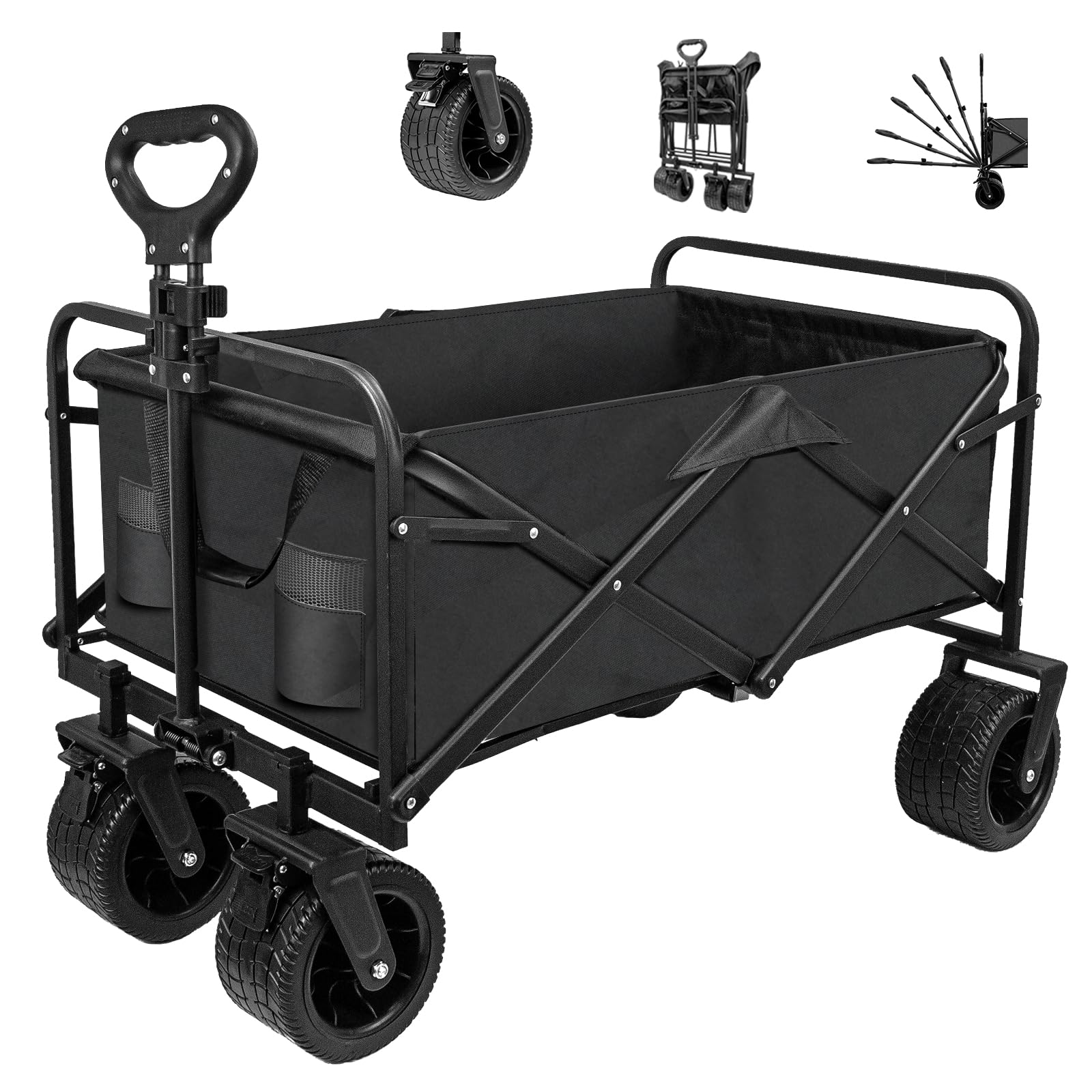 SZHLUX Collapsible Foldable Wagon,Beach Wagon with Big Wheels for Sand,Utility Grocery Wagon with Side Pocket and Brakes for Camping Sports Outdoor Activities - WoodArtSupply