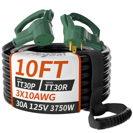 PlugSaf 10 FT 30 Amp RV Extension Cord Outdoor with Grip Handle, Flexible Heavy Duty 10/3 Gauge STW RV Power Cord Waterproof with Cord Organizer, NEMA TT-30P to TT-30R, Black-Green, ETL Listed PlugSaf