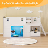 JOYMOR Loft Bed Twin Size with Led Light, Low Loft Bed with Storage Drawer, Modern Farmhouse Design with Castle Guardrail and Window, Book Rack, Smart APP Control, No Box Spring Needed (White) JOYMOR