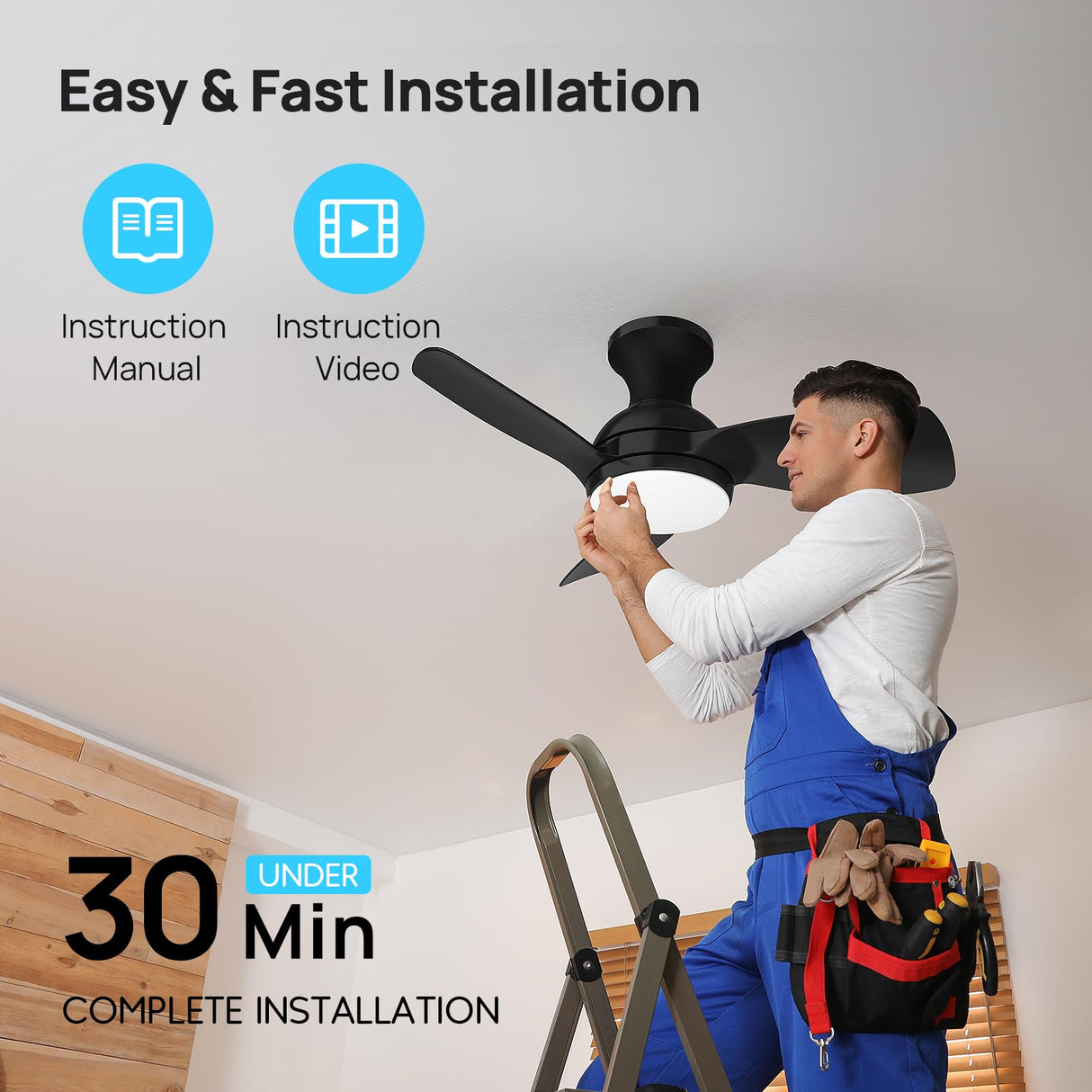 Consciot Ceiling Fan, 30 Inch Ceiling Fan With Lights Remote Control, Black Low Profile Modern Ceiling Fan, Flush Mount, Reversible Quiet DC Motor, 6 Speed, Dimmable, Kitchen Bedroom Patio Damp Rated Consciot