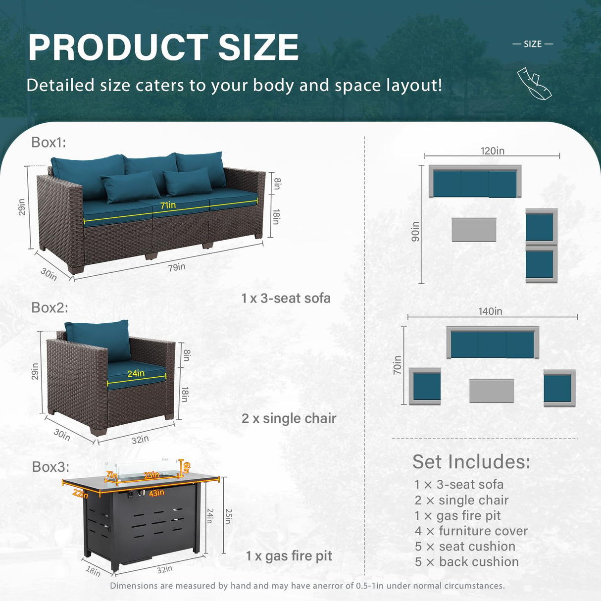 4 Piece Patio Furniture Set 45In Fire Pit Table Outdoor Furniture Sets Patio Couch Outdoor Chairs 50000 BTU Propane Fire Pit with No-Slip Cushions and Waterproof Covers, Peacock Blue Rattan Star