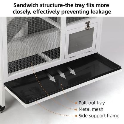 VOWNER 37” Rabbit Hutch Indoor, Wooden Bunny Cage with Casters, Wire Floor, No Leakage Pull Out Tray, High Bunny House for Rabbit, Guinea Pig, Hamster and Small Animals, White/Grey - WoodArtSupply