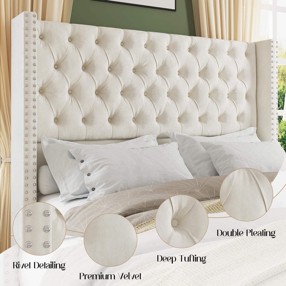 Jocisland Queen Upholstered Bed Frame with Tall Headboard Wingback Platform Bed Tufted Deep Button Velvet/No Box Spring Needed/Easy Assembly/Cream Jocisland