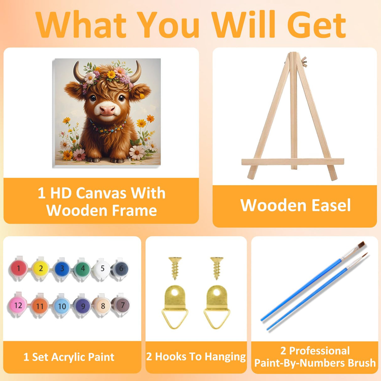 Mandun Paint by Numbers Kit for Kids with Frame, Cow Paint by Numbers for Kids Ages 4-8-12, DIY Cow Acrylic Oil Painting for Home Wall Art Decor Gift 9.8x9.8 inch (with Frame Easel) Mandun