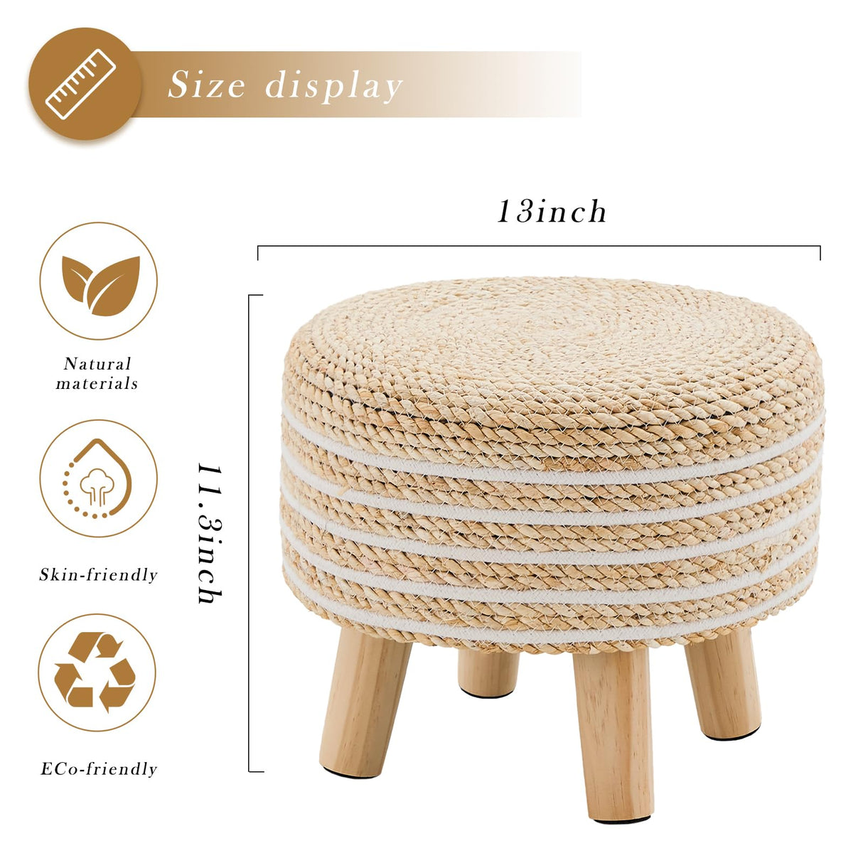 Cpintltr Round Seagrass Ottoman Footstool Handwoven Water Hyacinth Pouf with Solid Wood Legs Shoe Changing Stool Sturdy & Stylish Footrest for Living Room Balcony or Garden White Cpintltr
