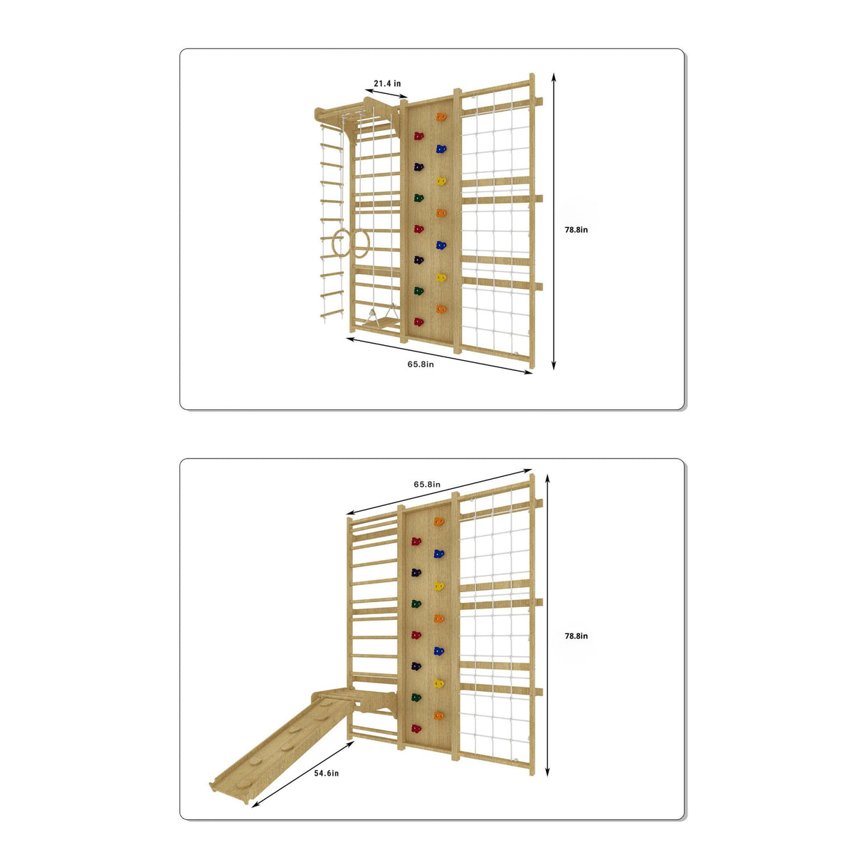 Avenlur Walnut 9-in-1 Swedish Ladder Wall Gym Set - 78.8 Inches - Trapeze Swing, Rope Ladder, Rock Wall, Rope Wall, Rock Ramp Climber, Slide, Pull-up Bar, Ladder and Swing Avenlur