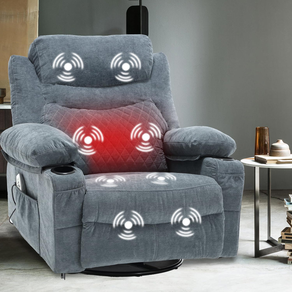 linting Power Swivel Rocker Recliners with Massage and Heat for Adults Fabric Overstuffed Electric Swivel Recliner with Cup Holders USB Port, Rocking Glider Chairs, Blue linting