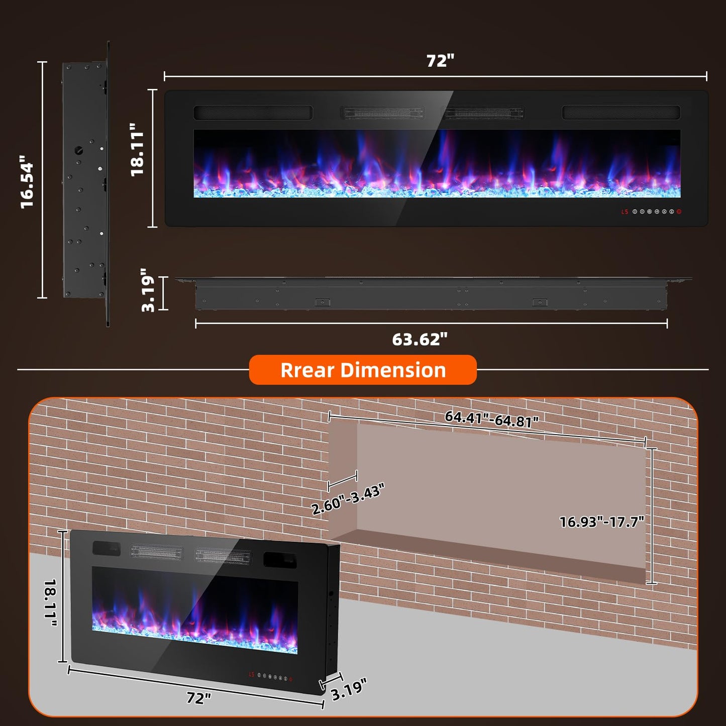 BREEZEHEAT 72 inch Electric Fireplace Wall Mounted/Freestanding-Ultra Thin Fireplace Inserts for Living Room with Heater, Remote Control, Touch Screen, Led Flame, 8H Timer, 750w/1500w