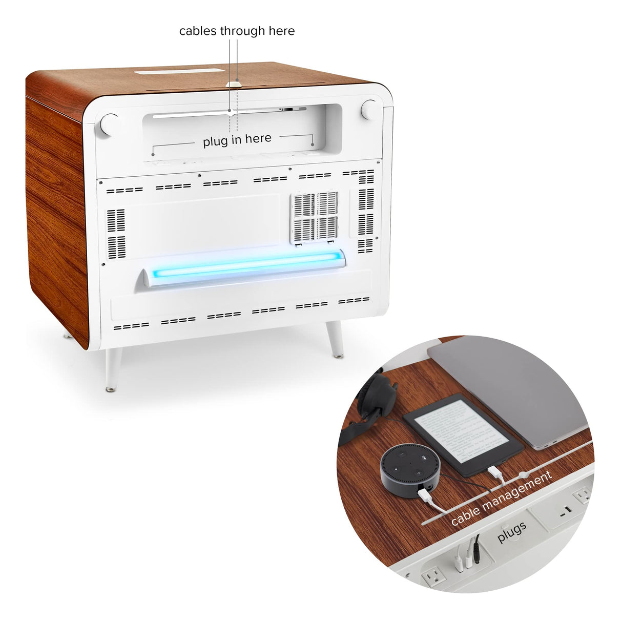 Sobro Smart Side/Nightstand Table - with Cooling Drawer, Wireless Charging, Bluetooth Speakers, USB-C and 120V outlets, LED Light, Wood/White sobro