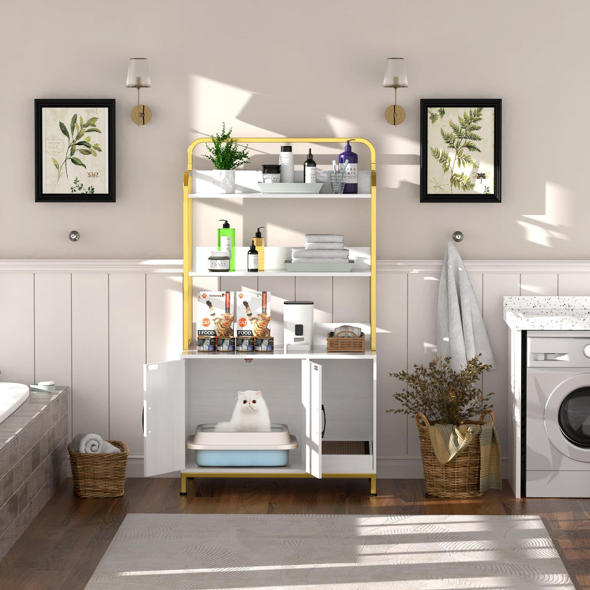 Easycom Cat Litter Box Enclosure Furniture with Shelves, Indoor Litter Box Furniture, Hidden Litter Box with Storage, Wooden Cat House with Cat Scratching Pad, Fit Most Cat Litter Box EasyCom