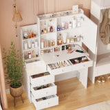 Vabches Vanity Desk with Mirror and Lights,Makeup Vanity with 6 Drawers and Shelves,Vanity Table with Power Outlet,Makeup Desk with Led Lighted Mirror in 3 Colors,for Bedroom,White Vabches