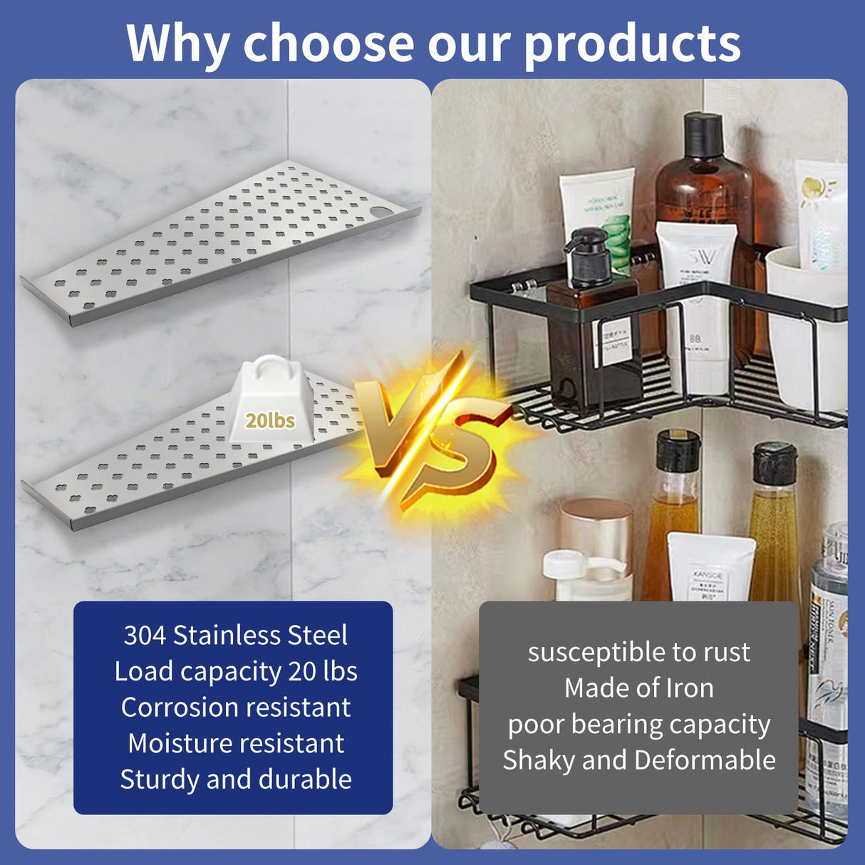 mivndeeopu 12" Corner Shower Shelf 2-Pcs, Rustproof 304 Stainless Steel Corner Shower Shelves with Razor Holder Slot Design Recessed Bathroom Shower Shelf for Tiled Wall (Brushed Silvery) mivndeeopu