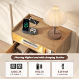 Maupvit Wood Floating Nightstand Set of 2, Wall Mounted Night Stand with Drawer and Charging Station, Bedside Table with Open Shelf, Led Nightstand for Bedroom Maupvit