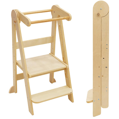 TDKDHoming Foldable Toddler Tower, Kitchen Step Stool, Folding Tower for Learning with 3 Adjustable Heights Montessori Toddler Standing Tower Collapsible Step Stool for Kids 1-6 Years Natural