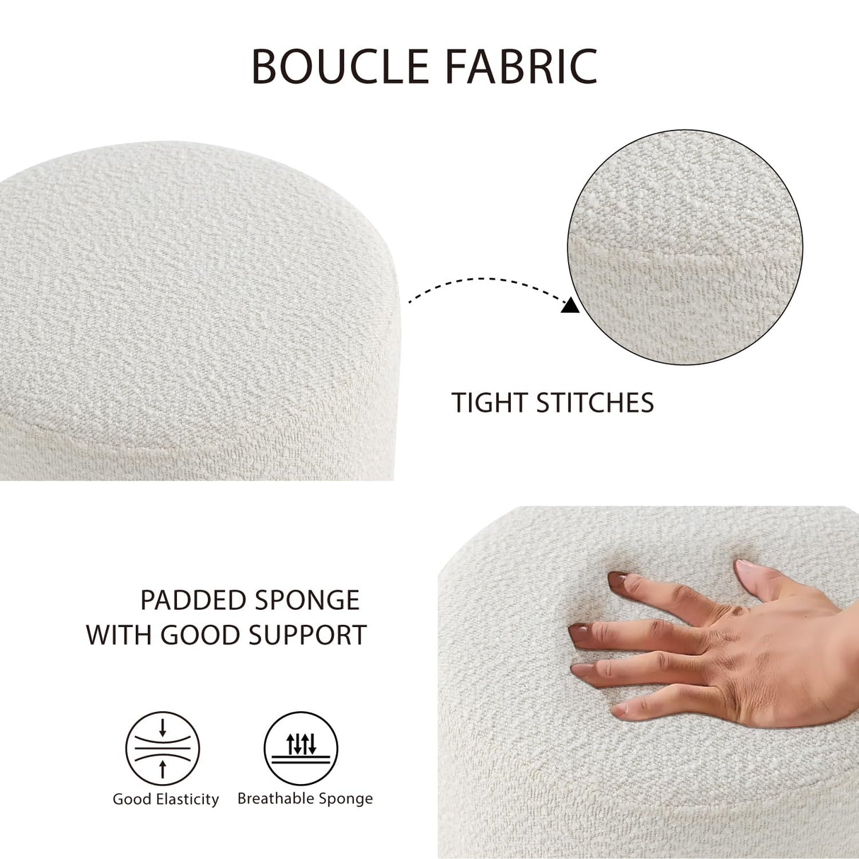 Get Set Style Modern Round Ottoman with Soft Padded Seat, Multifunctional Vanity Chairs for Makeup, Upholstered Footrest Stool Ottoman Foot Stool for Living Room, Bedroom, boucle, White Get Set Style