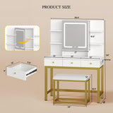 YITAHOME Vanity Desk with LED Lights Mirror & Power Outlets, Makeup Table Set with 3 Adjustable Lighting Modes, Open Shelves and Hidden Storage, Stool, Hooks and Hair Dryer Holder for Bedroom, White YITAHOME