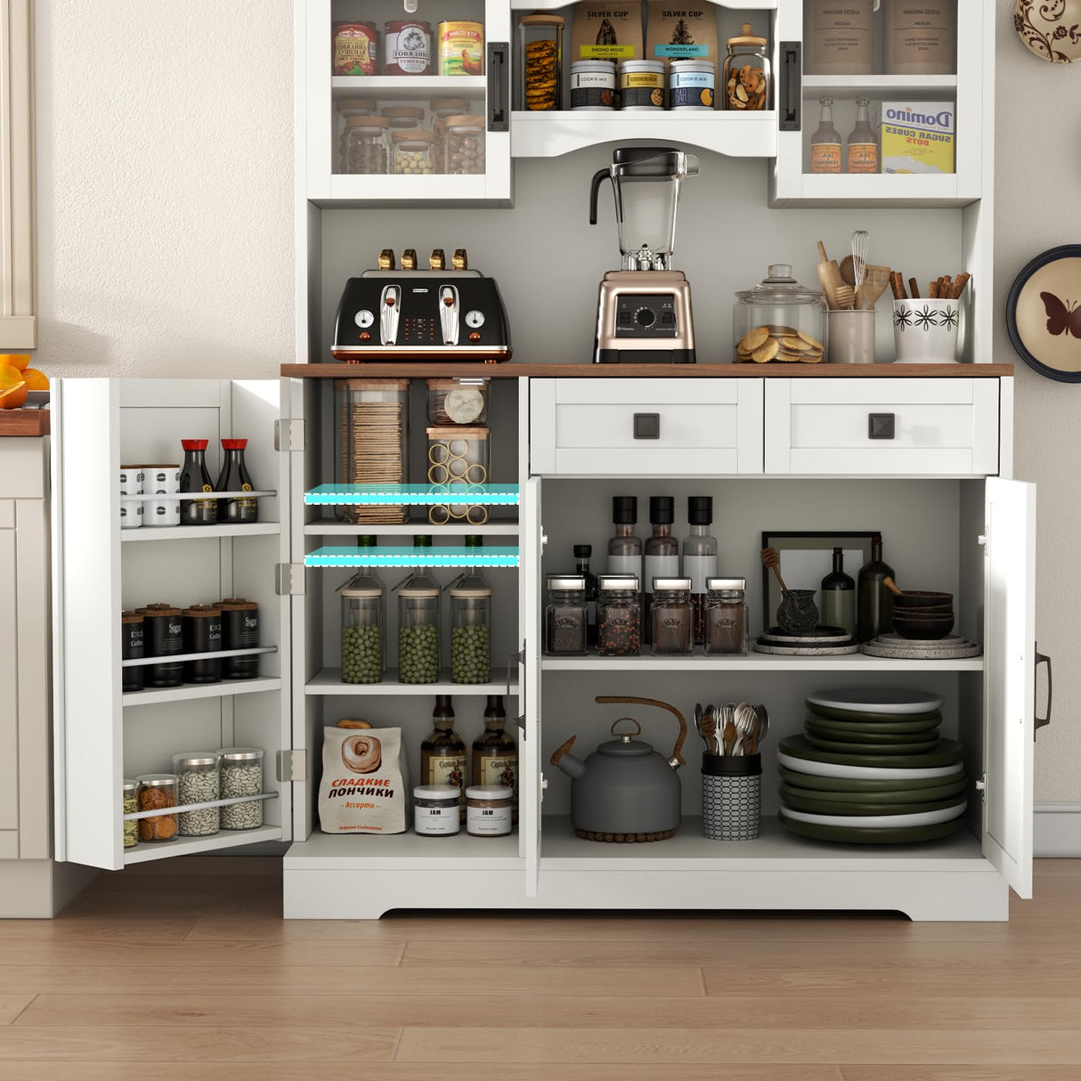 60" Tall Farmhouse Kitchen Pantry Storage Cabinet,Kitchen Hutch with Microwave Stand,Freestanding Buffet Pantry Cabinet with Glass Door and Adjustable Shelves for Dining Room (White) Gyfimoie