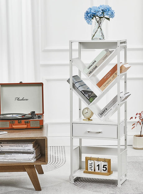 ZEXVIDA Bookshelf with Drawer,8 Tier Tree Bookcase Retro Floor Standing Bookshelves,Tall Wood Bookcases with Cabinet Storage Organizer for Living Room, Bedroom & Home Office, White ZEXVIDA
