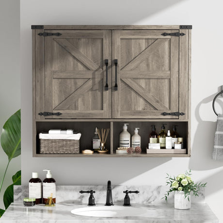 Bathroom Wall Cabinet, 31.7''x31.7'' Wall Mounted Medicine Cabinet with 2 Doors, 2 Adjustable Shelves, 2 Open Shelves, Space Saving Above Toilet Storage Cabinet for Bathroom, Kitchen,Laundry Room,Grey Befrases