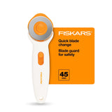 Fiskars 45mm Rotary Cutter for Fabric, Premium Steel Stick Fabric Cutter Cuts Through Multiple Layers, Right and Left Handed, Easy and Safe Blade Change, Arts and Crafts, Sewing and Quilting Tools Fiskars