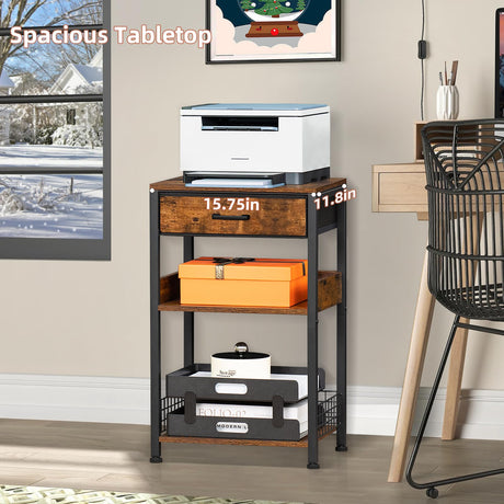 Lerliuo End Table with Fabric Drawer,3 Tier Industrial Wood Side Table with Storage,Modern Tall Printer Stand,Vintage Brown Nightstand,Rustic Bedside Tables for Living Room Bedroom Small Spaces Lerliuo