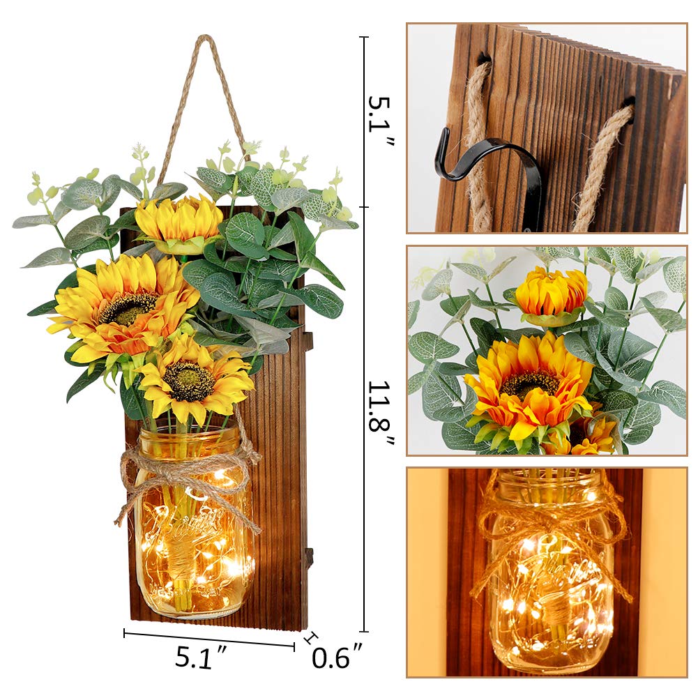 OurWarm Country Farmhouse Sunflower Wall Decor with Mason Jars, Remote 6-Hour Timer LED Lights, Hanging Mason Jar for Home Kitchen Decor Living Room Lights, Set of 2 OurWarm