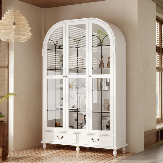 TAMUNE Display Cabinet with Glass Doors, Curio Cabinet with Drawers and Shelves, Bookshelf Display Case, White Glass Storage Cabinet for Collectibles, Living Room Kitchen, 15.7”D x 50.4”W x 77.2”H