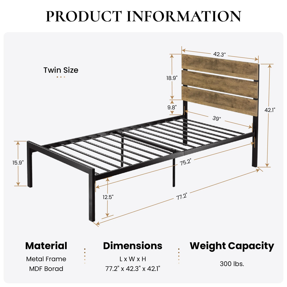 SHA CERLIN Twin Size Bed Frame with Rustic Wooden Headboard,3 Boards Design, Heavy Duty Metal Slats Support Platform, No Box Spring Needed, Light Brown SHA CERLIN