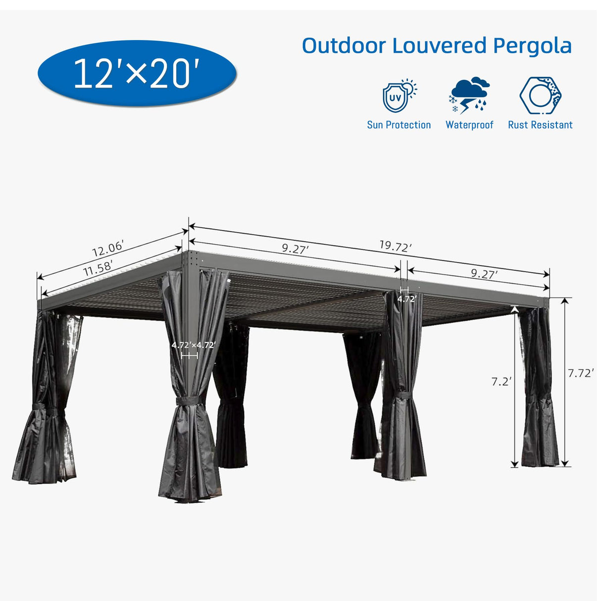 Domi Outdoor Louvered Pergola 12x20FT Full Aluminum Structure,Patio Rainproof Pergola with Two Independently Adjustable Roof for Patio Backyard Garden w/Curtains and Netting - Dark Gray domi outdoor living