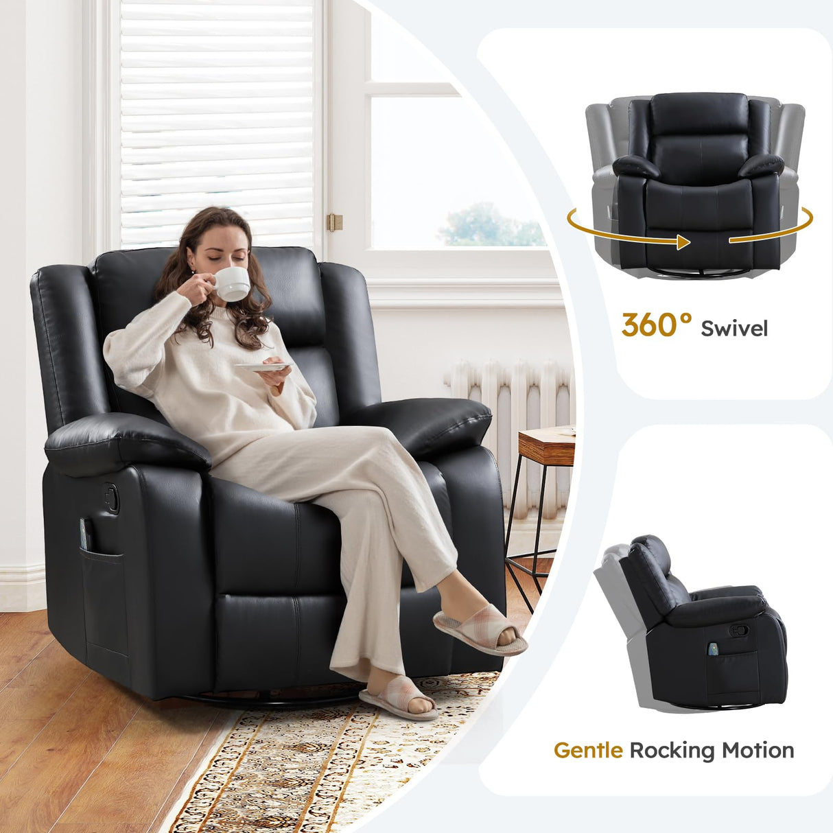 ANJ Swivel Rocker Recliner Chair, Manual Rocking Glider Massage Recliner with Heat, Overstuffed PU Leather Big Large Recliner for Living Room Bedroom Nursery ANJ