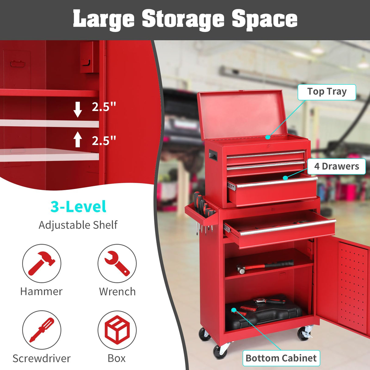 Winado 4-Drawer Rolling Tool Chest with Wheels & Lock, Tool Box with Large Storage Cabinet and Adjustable Shelf, Removable Portable Top Box for Garage, Warehouse, Factory (Red) Winado