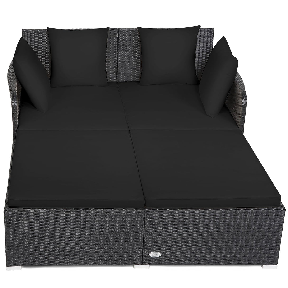 Tangkula Outdoor Rattan Daybed, Wicker Furniture with Spacious Seat, Upholstered Cushion & High-Resilience Sponge, Patio Sofa Set with 4 Pillows, 2-Person Sunbed for Poolside Backyard Garden & Balcony Tangkula