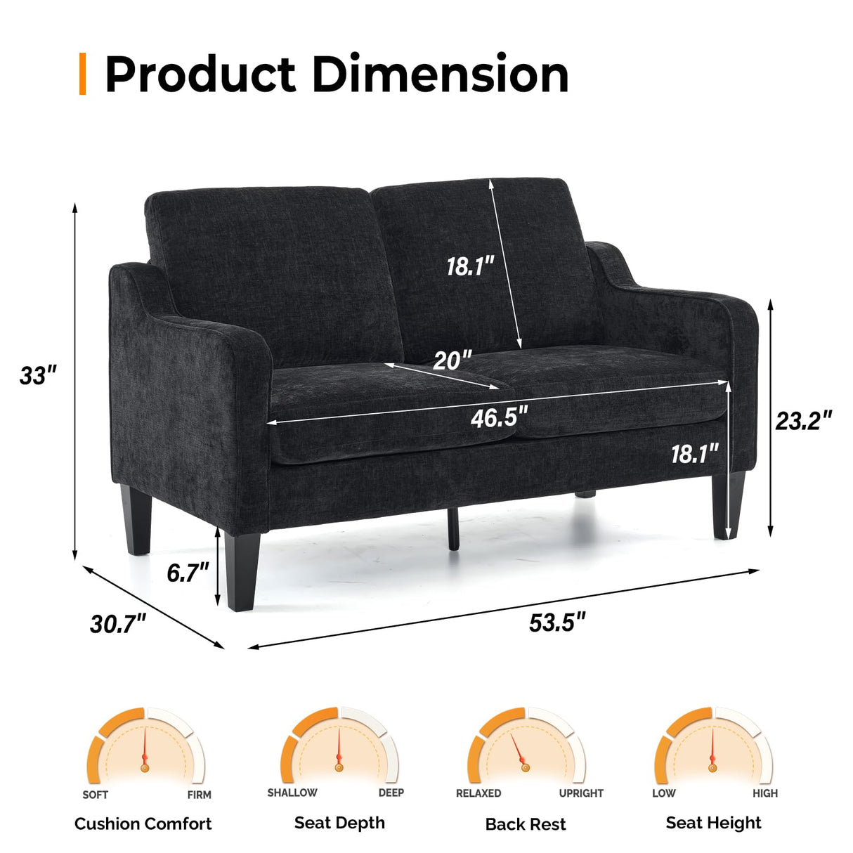 VINGLI Mid-Century Modern Loveseat Sofa Couch, Living Room 53" Love Seat 2 Seater Upholstered Comfy Couches with Scooped Armrest for Small Spaces, Dorm, Bedroom, Apartment, Office (Black) VINGLI