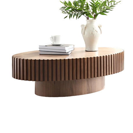 YSJZYBF 43.7" Oval Coffee Table, Modern Handcraft Oval Drum Coffee Table with Solid Wood Relief Sturdy Pedestal for Living Room Apartment (Walnut) YSJZYBF