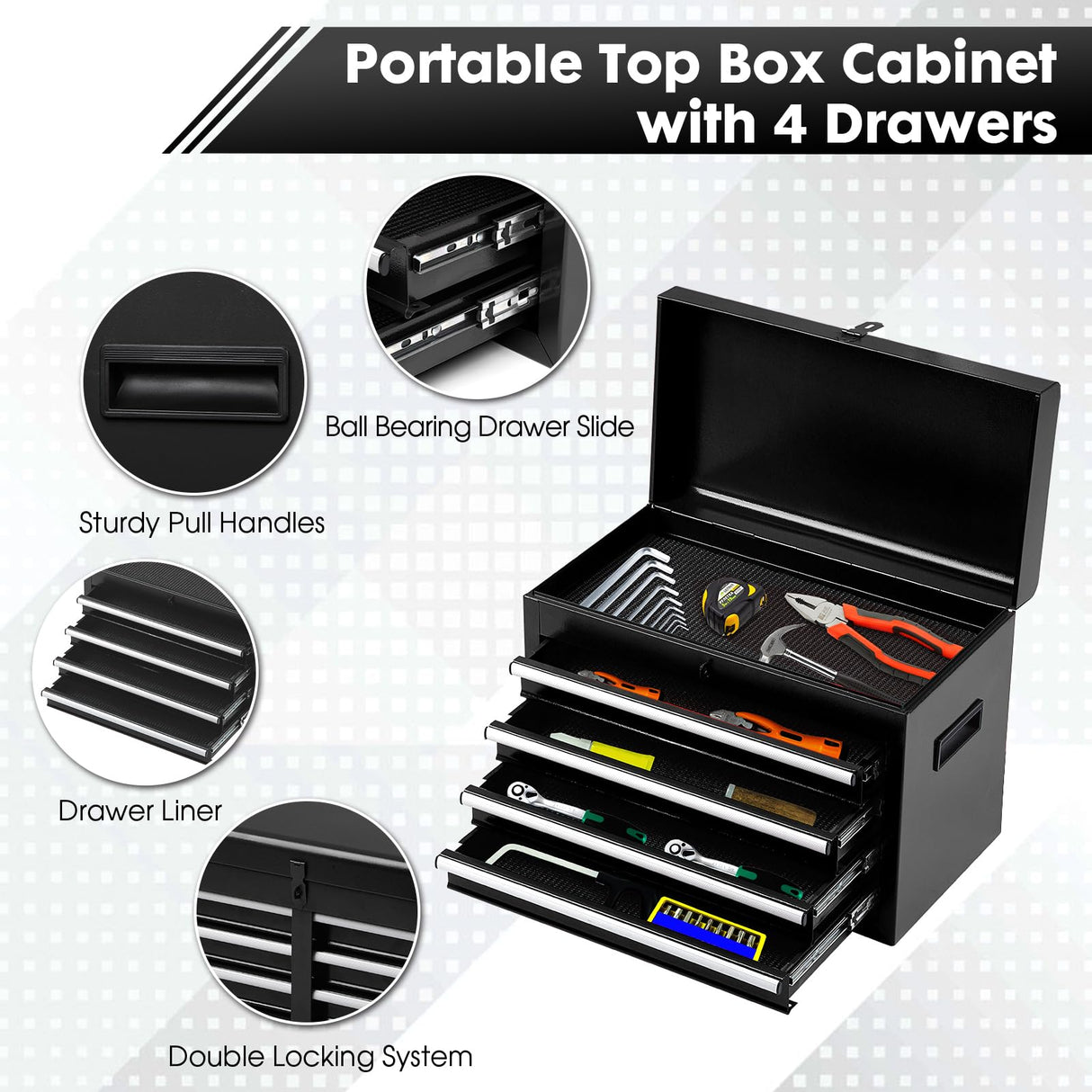 Dawmilon 5-Drawer Rolling Tool Chest with Detachable Top Box, Lockable Wheels, Adjustable Shelf, and Liner, Heavy-Duty Metal Tool Cart for Garage and Workshop Storage, Black Dawmilon