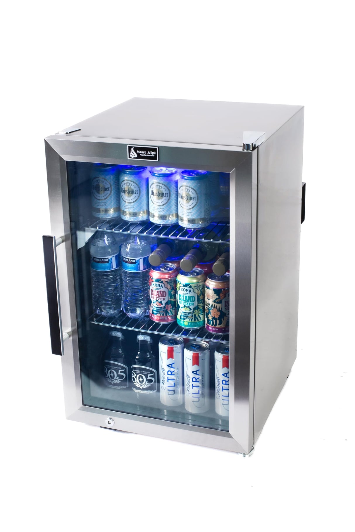 Mont Alpi MAF 2.7 Cubic Ft Stainless Steel Portable Outdoor Rated Glass Door Compact Temperature Adjustable Lockable Refrigerator Beverage & Wine Cooler Module w/ 3 Adjustable Racks + Blue Lighting Mont Alpi